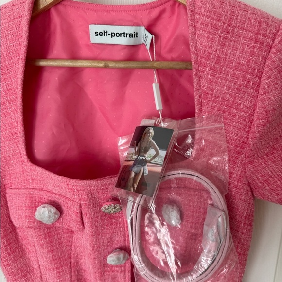 NWT SELF PORTRAIT PINK TWEED CHIFFON MINI BELTED DRESS! - Picture 4 of 6